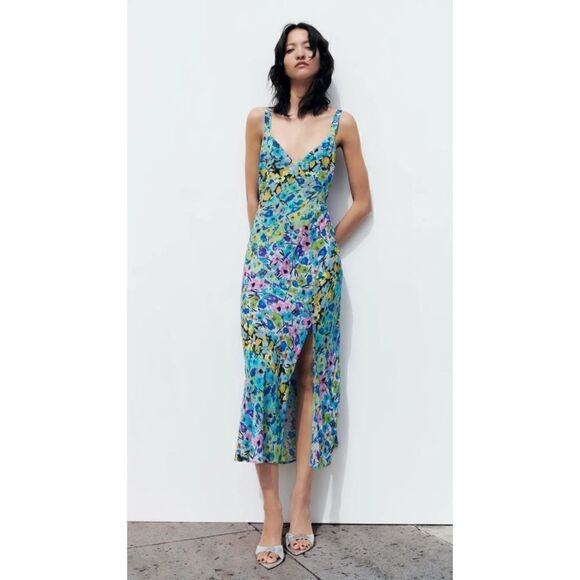 Zara Blue Floral Midi Dress - Picture 2 of 16